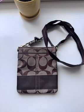 Coach Brown Signature Canvas Crossbody Bag with Dark Brown Trim